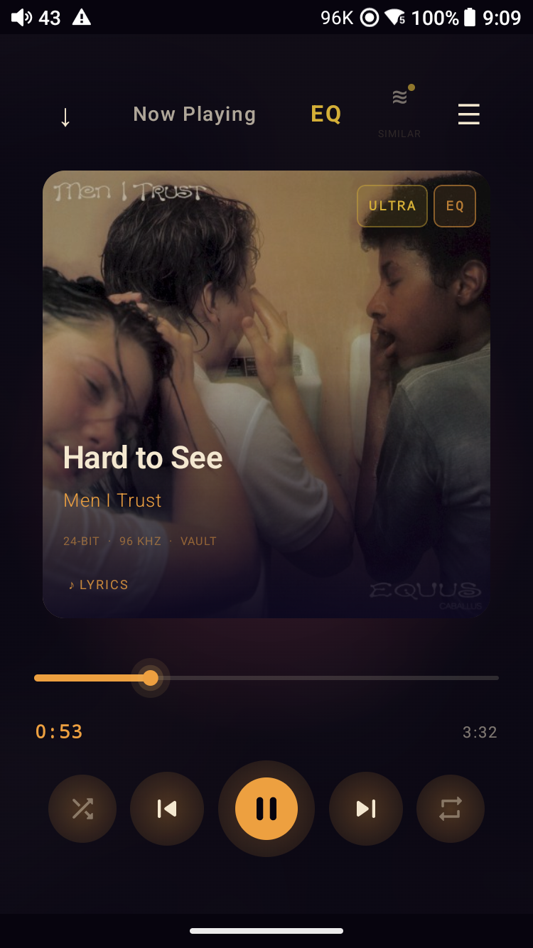 Meringo Now Playing screen — 24-bit / 96 kHz, bit-perfect route